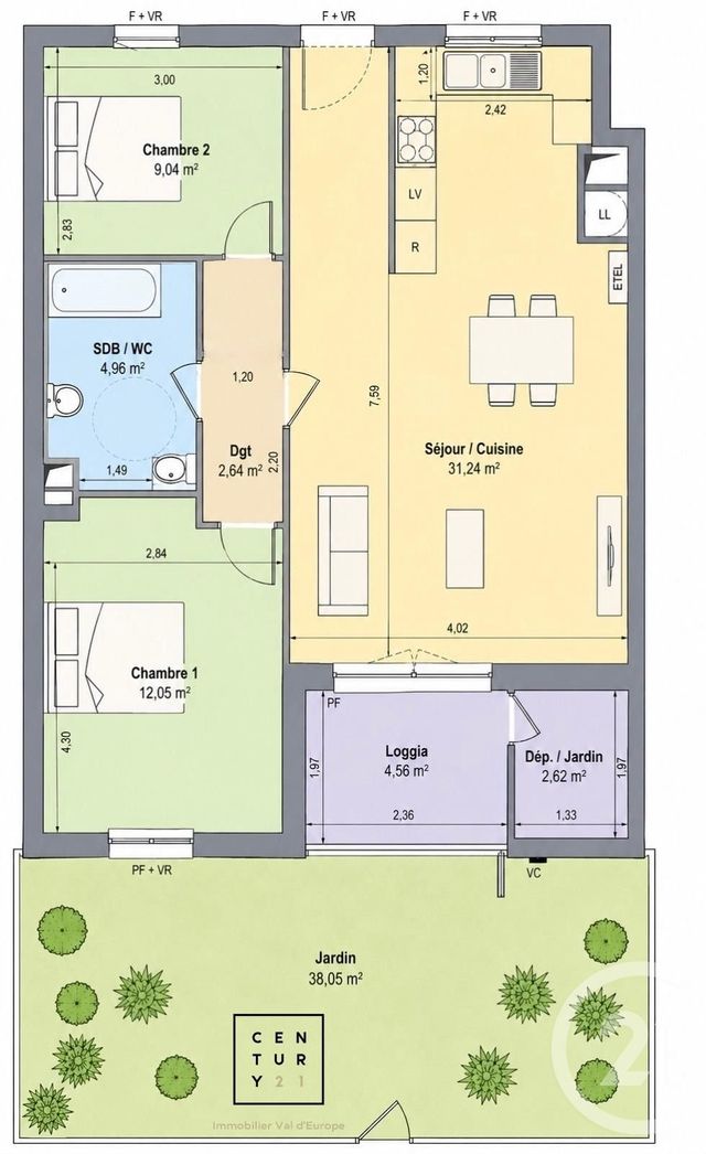 Appartement F3 à vendre - 3 pièces - 61.71 m2 - MONTEVRAIN - 77 - ILE-DE-FRANCE - Century 21 Immobilier Val D'Europe
